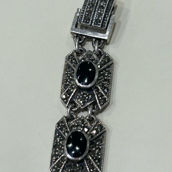 Vintage Jewelry - Vintage Art Deco Onyx, Marcasite and Sterling Silver Bracelet